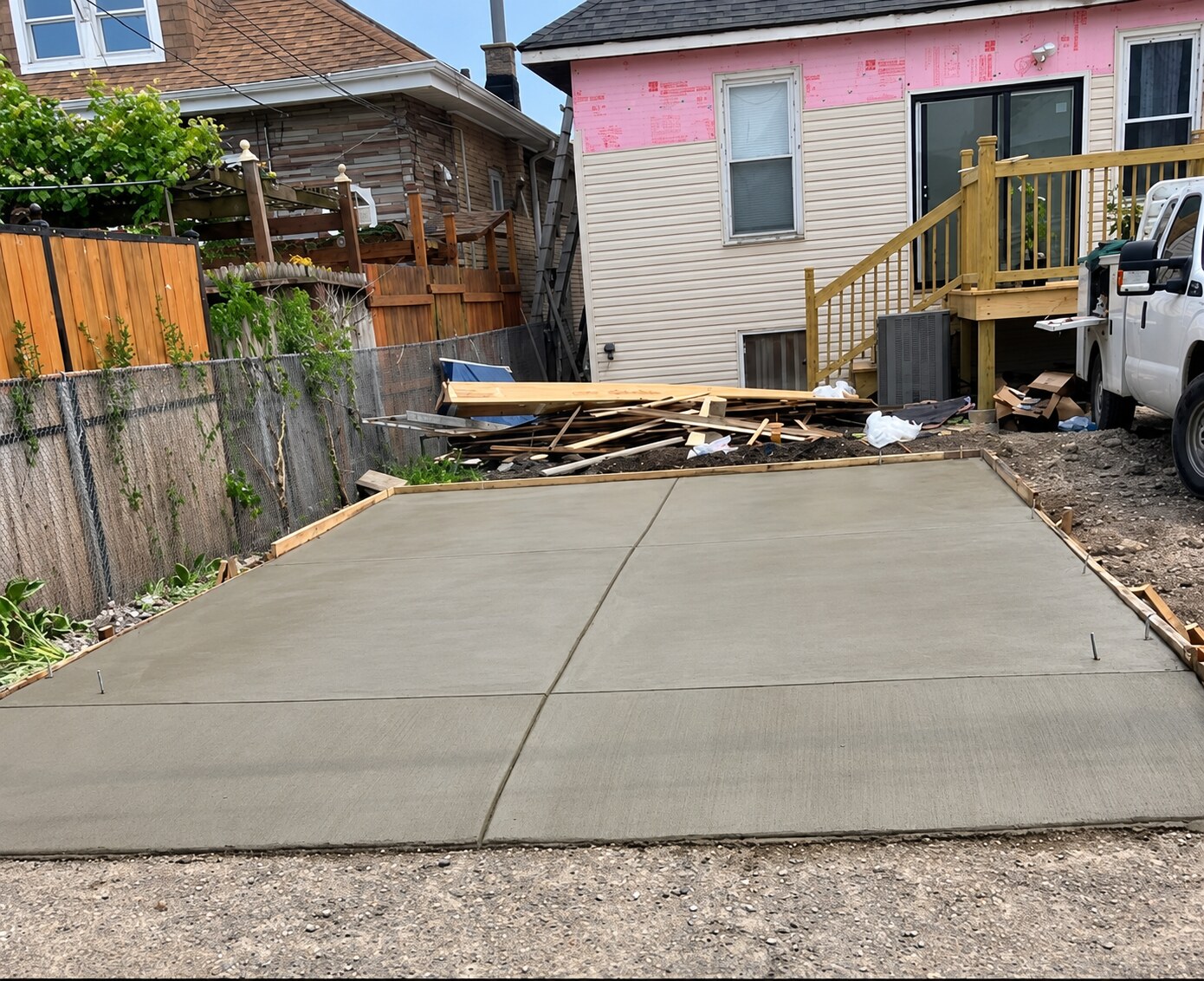 New concrete backyard patio between homes